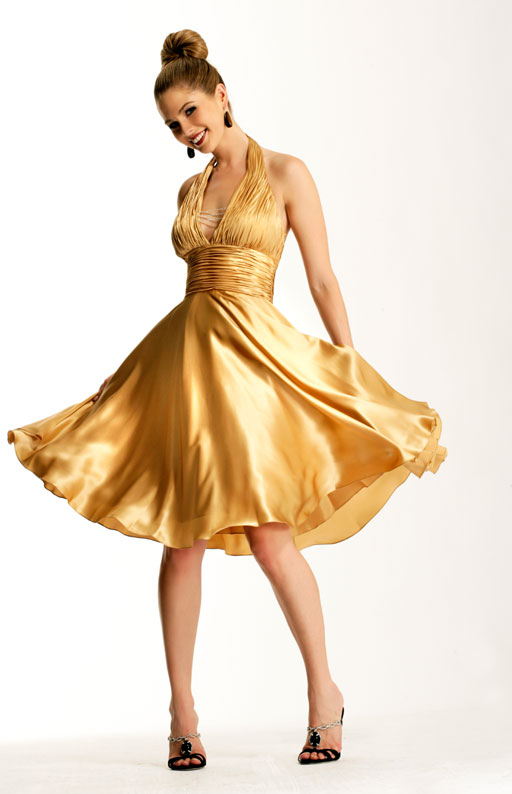 Glamorous Gold Halter Knee Length A Line Silk Satin Prom Dresses With Wrinkles 