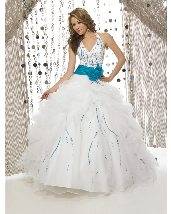 Cute Halter Neck White Ball Gown Full Length Tulle Quinceanera Dresses With Blue Belt And Sequins