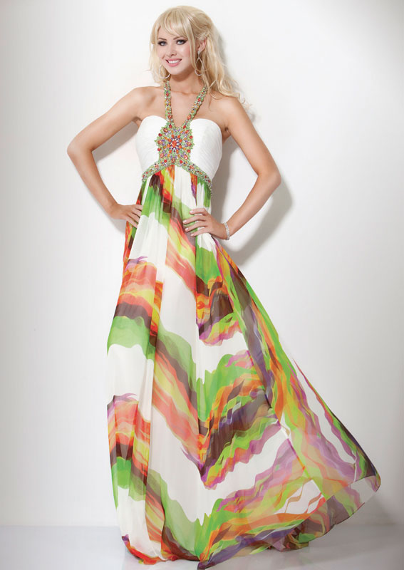 Colorful Printed Halter Floor Length Empire Prom Dresses With Beading Neckline