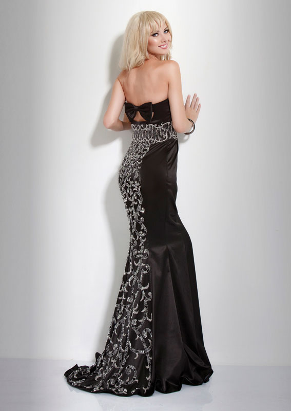 Sexy Black Strapless Sweep Train Floor Length Mermaid Prom Dresses With Sequins 