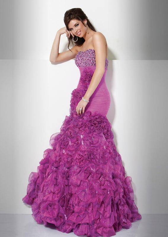 Fuchsia Mermaid Strapless Full Length Pleated Organza Evening Dresses 