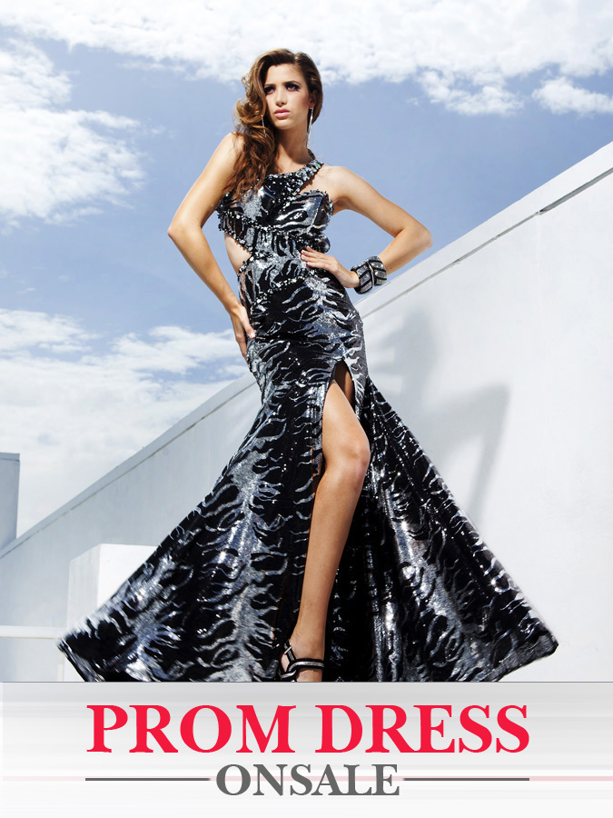 One Shoulder Silver Printed Black High Slit Floor Length Mermaid Prom Dresses With Sequins