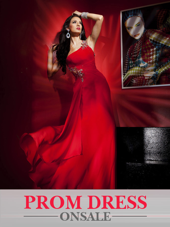 One Shoulder Floor Length A Line Red Chiffon Prom Dresses With Crystals 