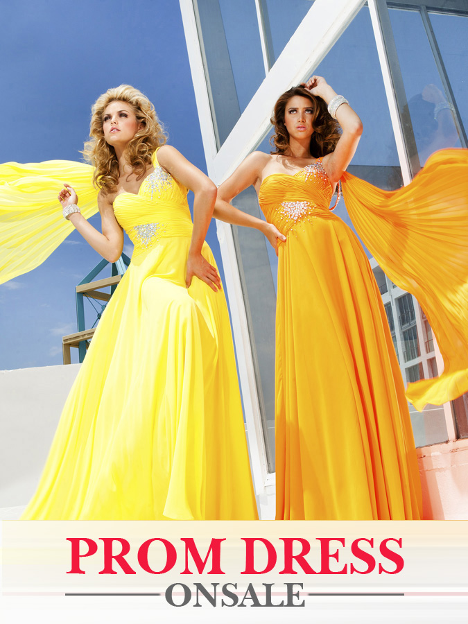 Yellow One Shoulder Sheath Floor Length Pleated Chiffon Prom Dresses With Sequins 