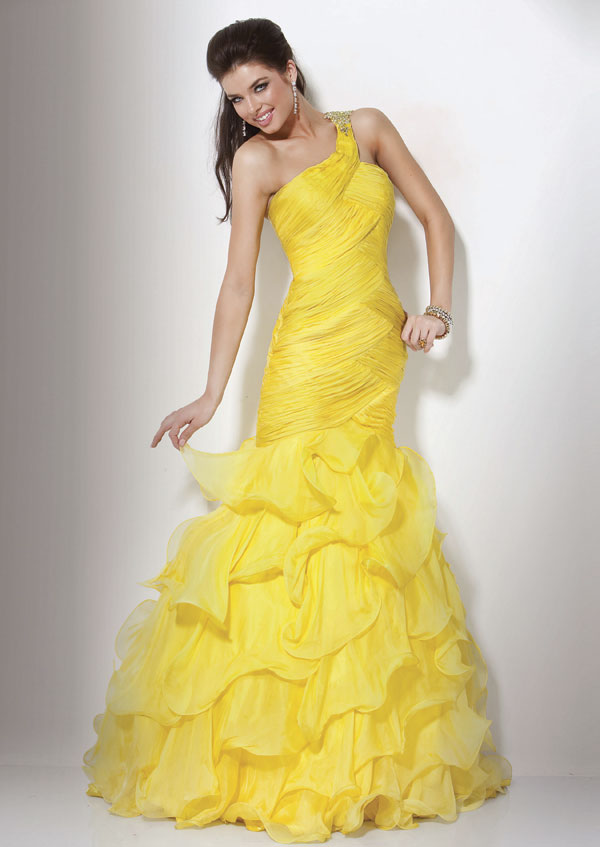 Yellow Mermaid One Shoulder Floor Length Tiered Prom Dresses With Jewel And Ruffles