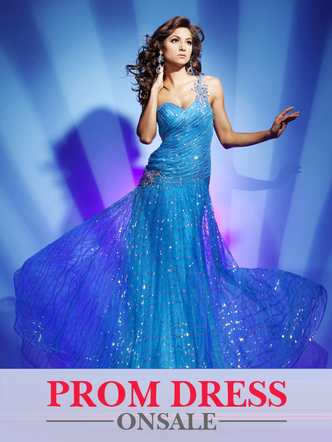 Blue One Shoulder Floor Length A Line Pleated Prom Dresses With Sequins