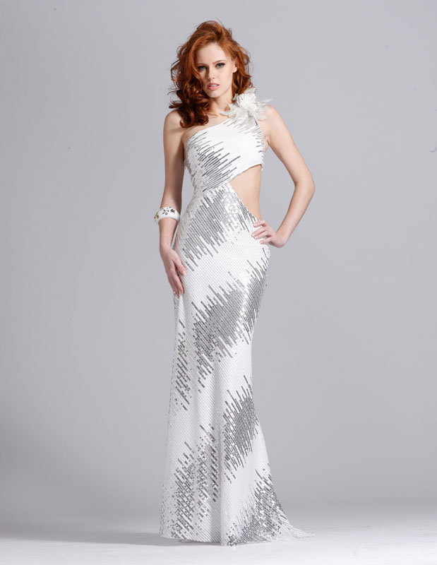 White One Shoulder Sweep Train Floor Length Sheath Prom Dresses With Silver Sequin 