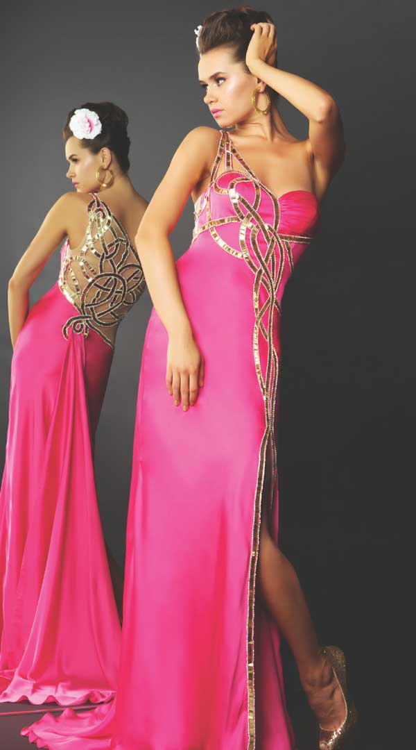 One Shoulder Hot Pink Transparent Back Side Slit Floor Length Sheath Charmeuse Prom Dresses