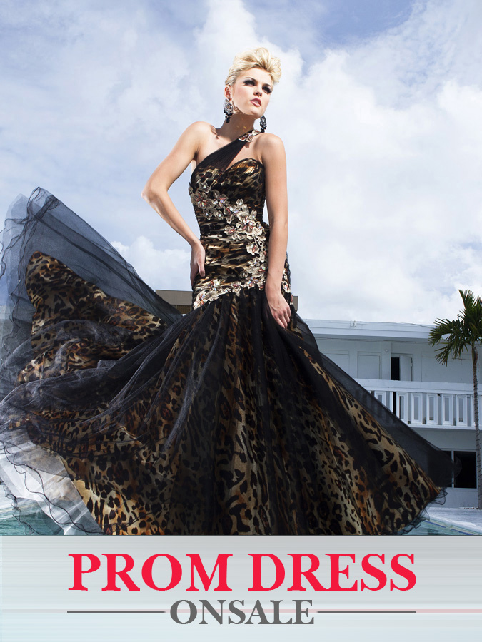 Black One Shoulder Floor Length Mermaid Prom Dresses With Appliques And Tiger Print Lining