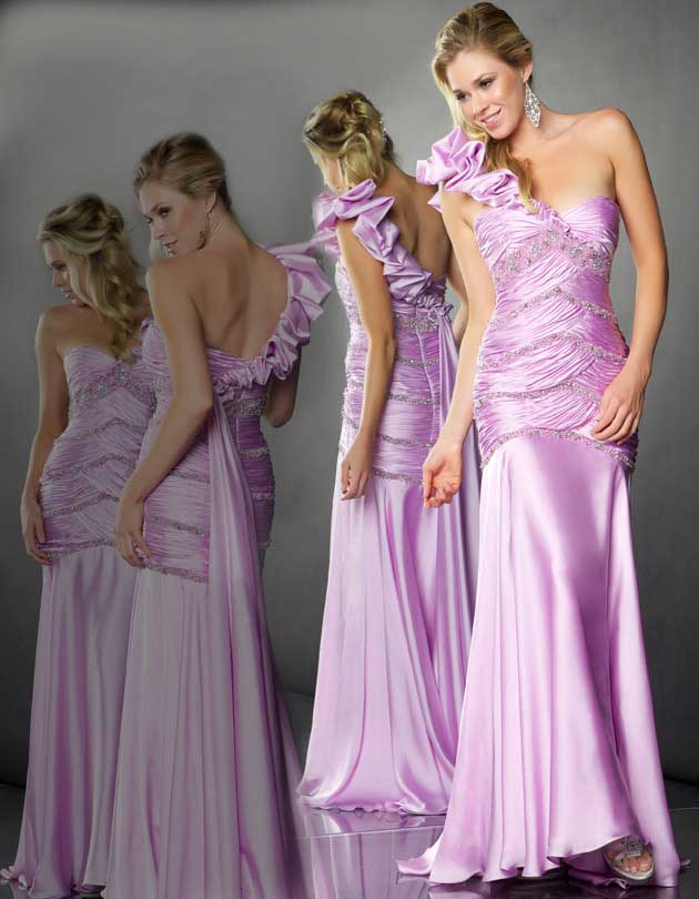 Lilac One Shoulder Sweep Train Floor Length Sheath Prom Dresses With Beading