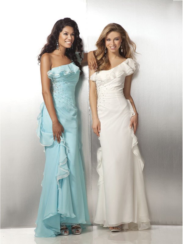 Ice Blue One Shoulder Column Ankle Length Prom Dresses With Ruffles