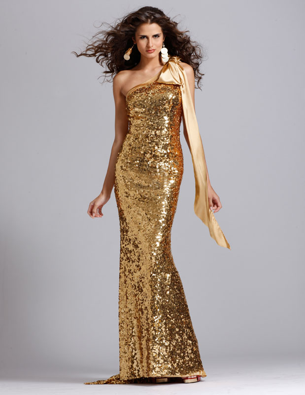 Sexy One Shoulder Sheath Floor Length Gold Sequined Satin Prom Dresses