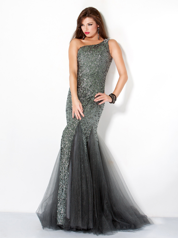 Dark Grey One Shoulder Floor Length Mermaid Sequined Tulle Prom Dresses