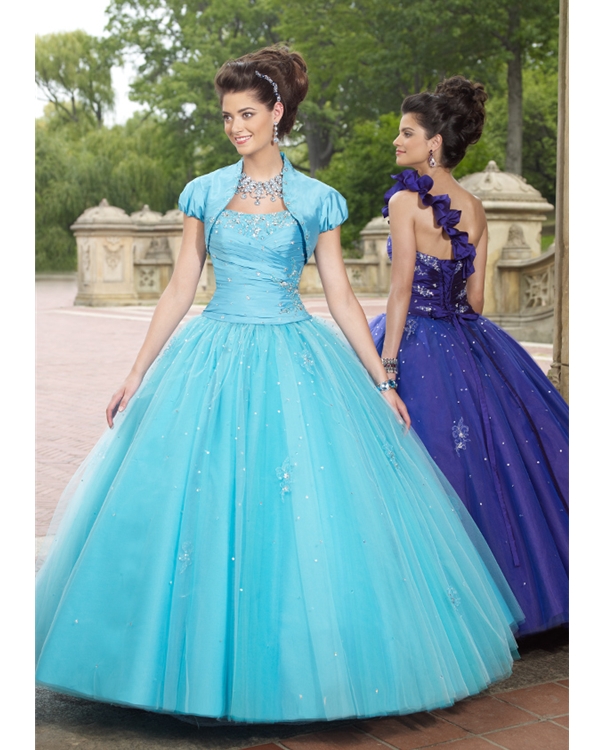 Sky Blue One Shoulder Floor Length Ball Gown Tulle Quinceanera Dresses With Sequins