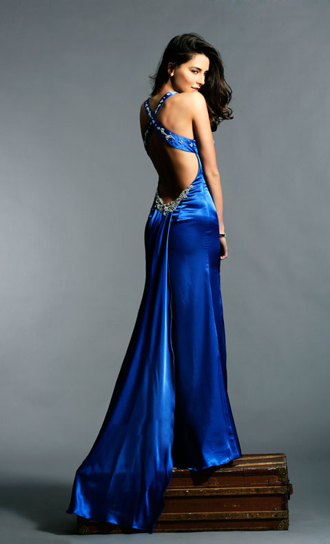 Royal Blue Decolletage Neck Cross Back High Slit Sweep Train Floor Length Prom Dresses With Sequins 