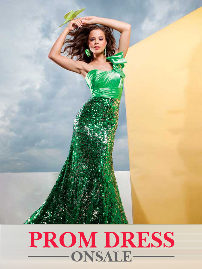 Green Mermaid One Shoulder Full Length Sequined Evening Dresses With Bowknot