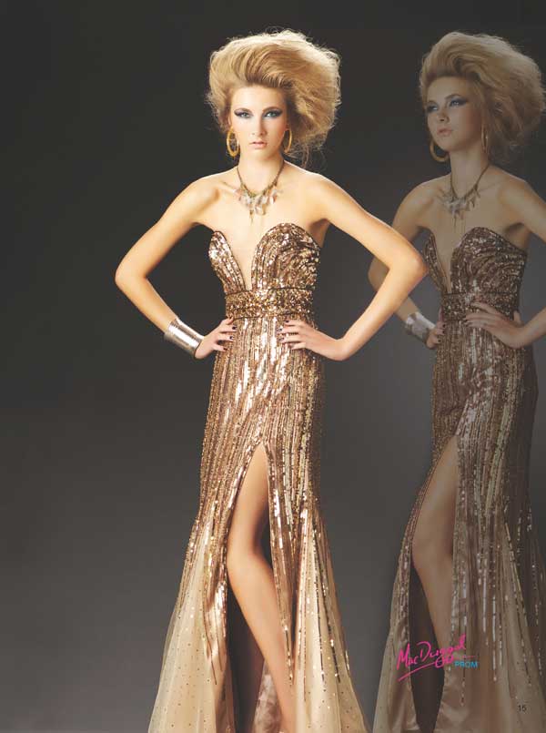 Champagne Strapless V Neck Floor Length Sheath Sequined Prom Dresses With High Slit