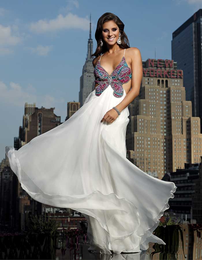 Multi Colored Butterfly Spagetti Straps Empire Floor Length White Chiffon Prom Dresses