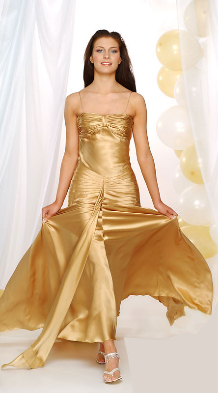 Spagetti Straps Open Back Sweep Train Ankle Length Sexy Gold Prom Dresses With Sash 