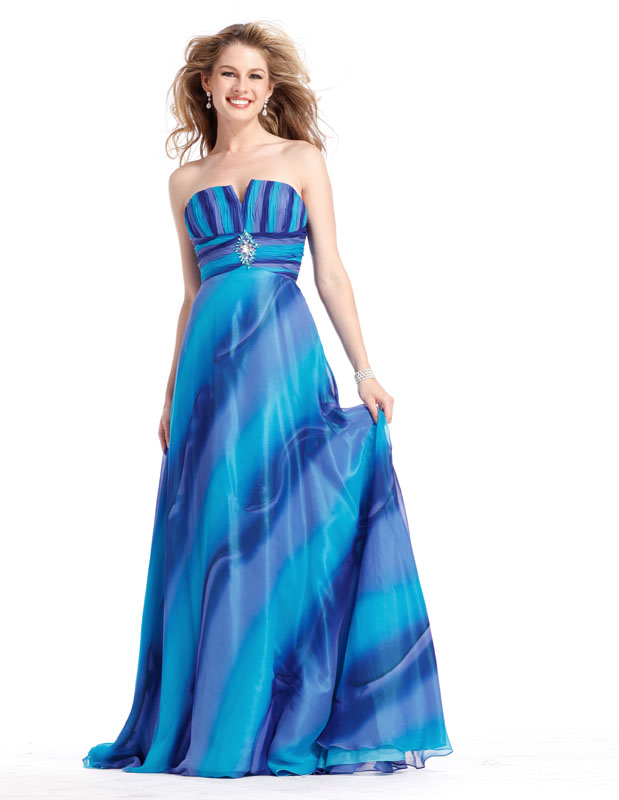 Gradient Blue Strapless Floor Length A Line Prom Dresses With Jewel 
