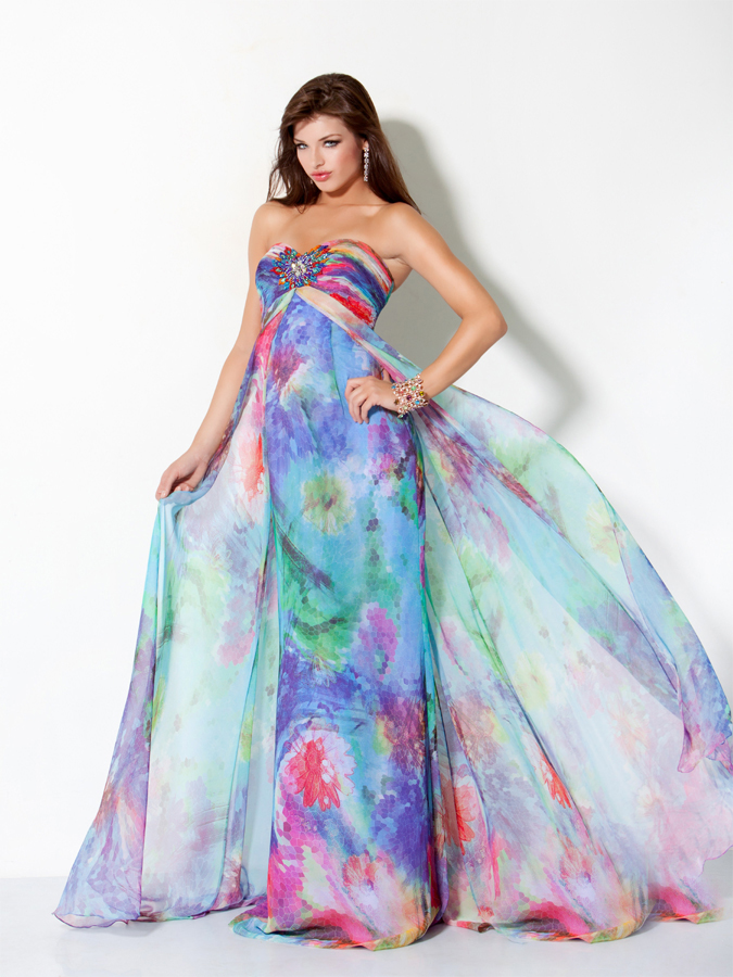 Airy Colorful Printed Strapless Floor Length Sheath Prom Dresses With Jewel 