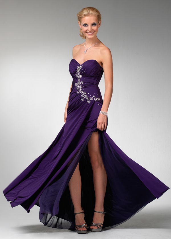 Purple Strapless Sweetheart Side Slit Full Length Sheath Chiffon Prom Dresses With Jewel 