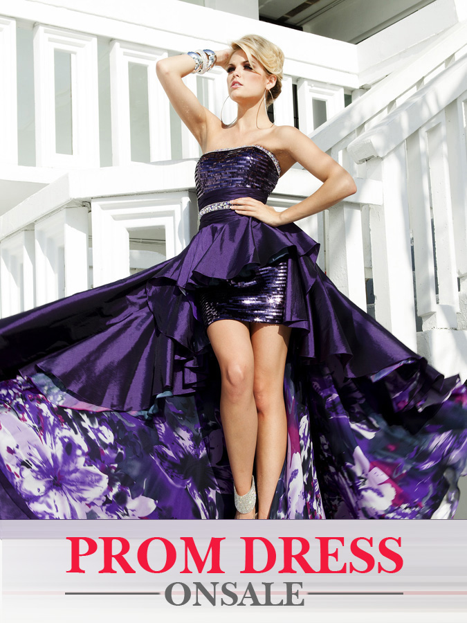 Gorgeous Purple Strapless Hi Low A Line Chiffon Prom Dresses With Sequins 