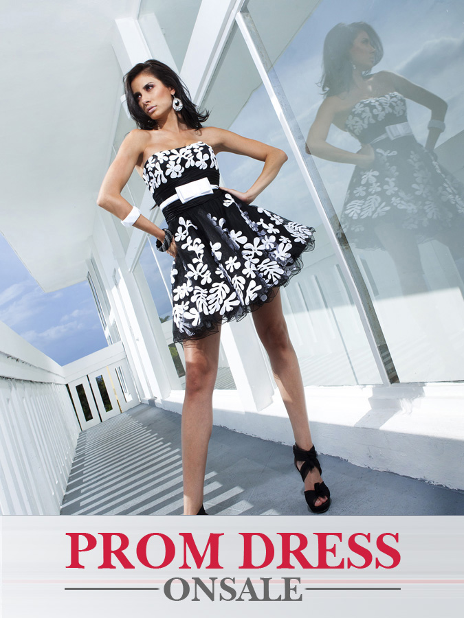 Black Strapless Empire Short Mini Length Tulle Prom Dresses With White Belt And Printing