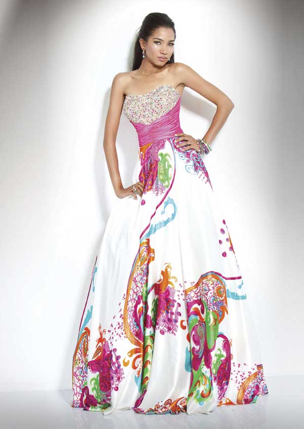 Colorful Printed Strapless Floor Length A Line Prom Dresses With Beads And Fuchsia Sash 