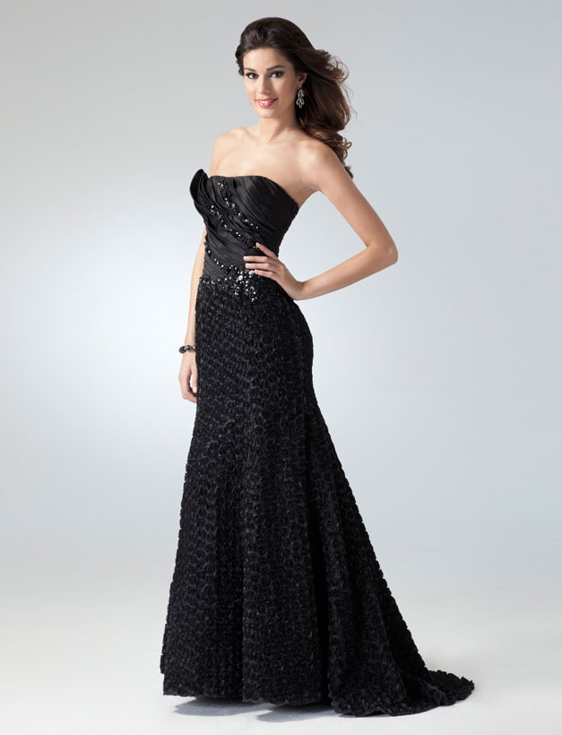 Luxurious Black Strapless Full Length Beaded Satin Formal Dresses