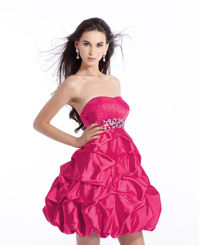 Fuchsia Strapless Empire Short Mini Satin Prom Dresses With Beads And Twist Drapes