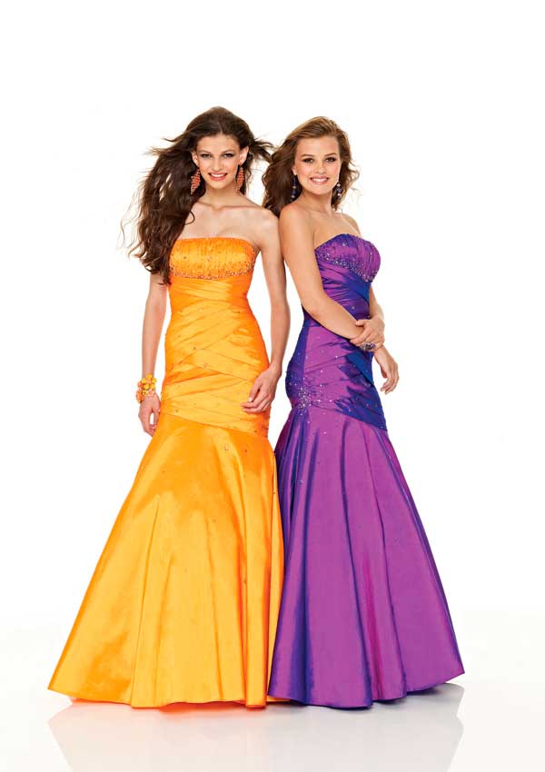 Affordable Yellow Strapless Full Length Mermaid Satin Prom Dresses With Beads And Ruches