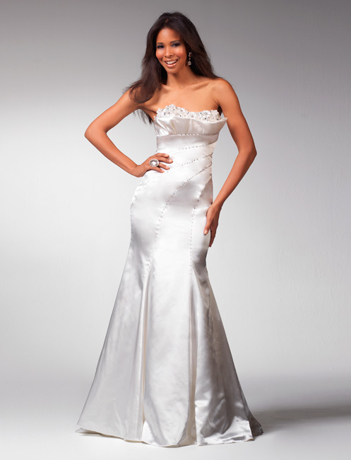 Strapless Open Back Sweep Train Floor Length Mermaid Satin Prom Dresses With Sequins 