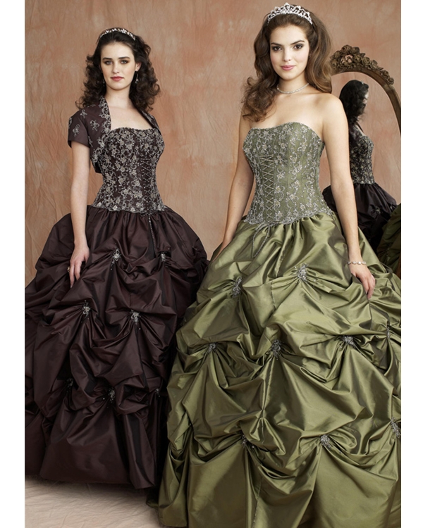 Oliver Drab Strapless Floor Length Ball Gown Quinceanera Dresses With Drapes And Embroidery