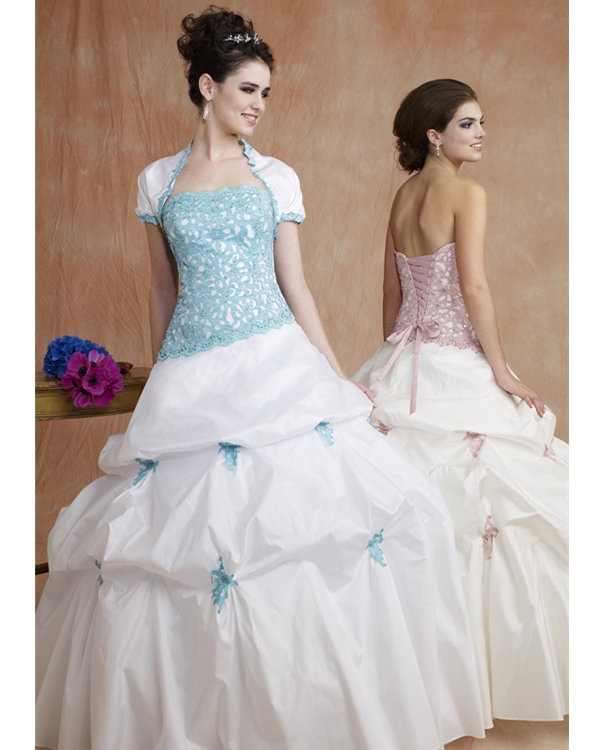 Delicate White Strapless Floor Length Ball Gown Quinceanera Dresses With Blue Lace