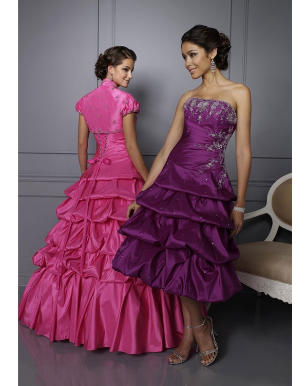 Pink Strapless Lace Up Floor Length Ball Gown Taffeta Quinceanera Dresses With Embroidery