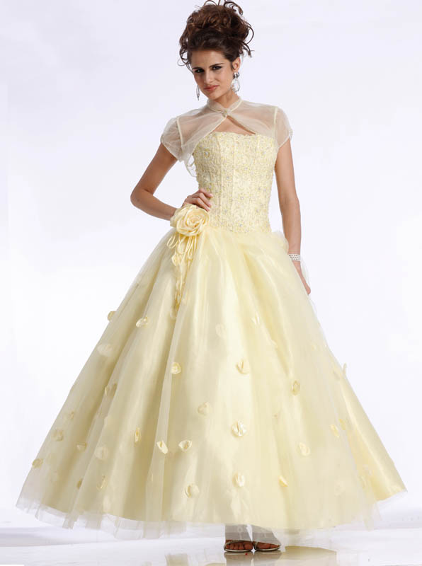 Faint Yellow Strapless A Line Ankle Length Tulle Prom Dresses With Flowers