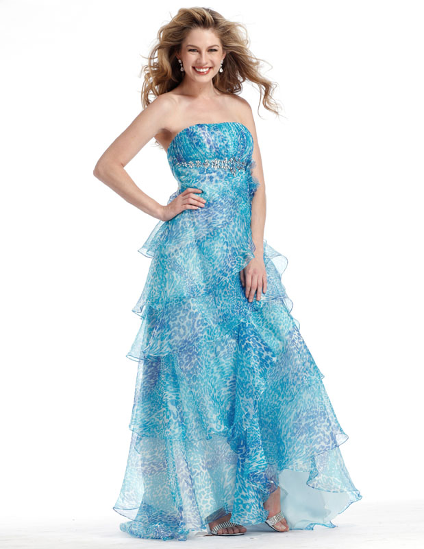 Leopard Printed Turquoise Strapless A Line Full Length Tiered Tulle Prom Dresses With Sequins 