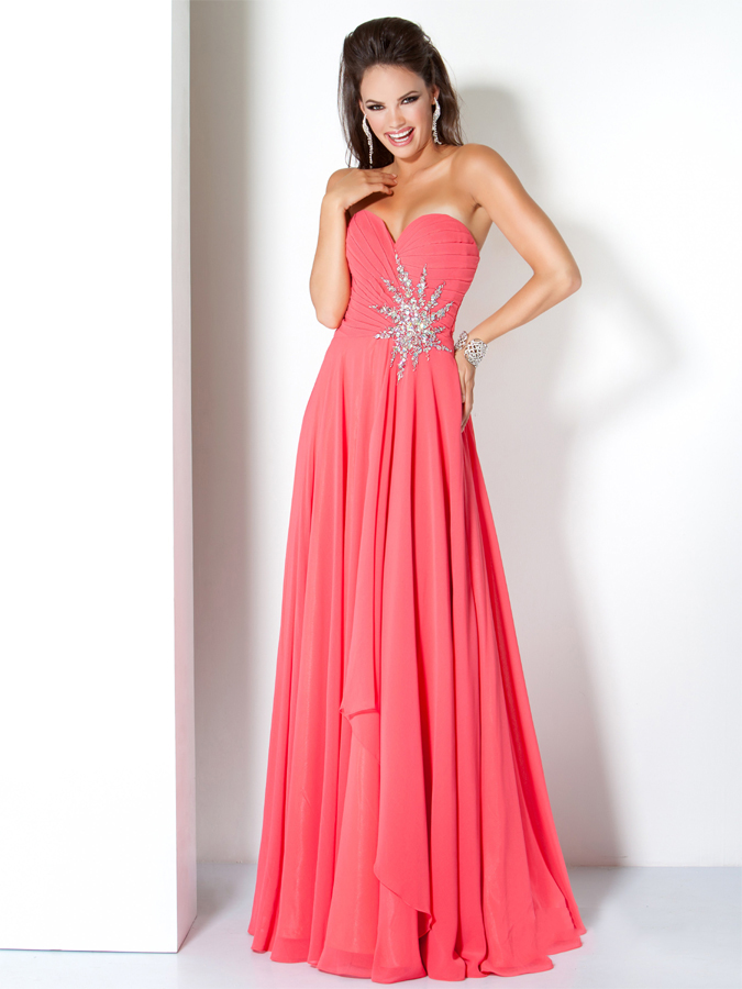 Watermelon Strapless Sweetheart Floor Length A Line Prom Dresses With Jewel And Ruches