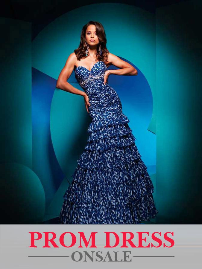 Printed Blue Strapless Sweetheart Full Length Mermaid Chiffon Tiered Prom Dresses With Sequins