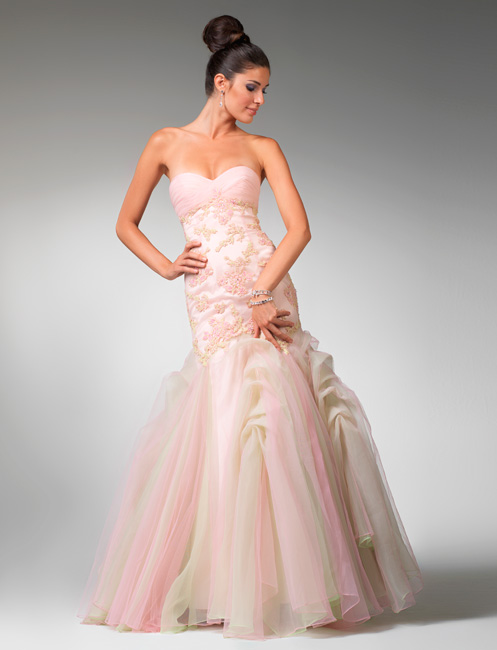 Light Pink Strapless Sweetheart Floor Length Mermaid Tulle Prom Dresses With Lace 