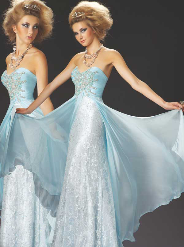 Aqua Strapless Sweetheart Floor Length Chiffon Prom Dresses With Lace And Beading