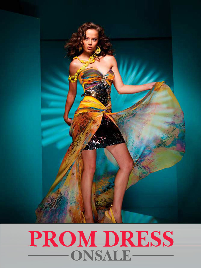 Colorful Printed Sweetheart Sheath High Low Chiffon Prom Dresses With Sequins