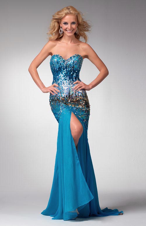 Blue Strapless Sweetheart High Slit Brush Train Floor Length Chiffon Prom Dresses With Sequins 