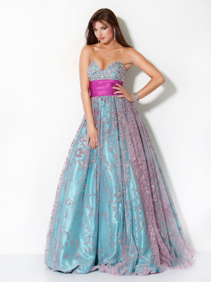 Blue Sweetheart Strapless Floor Length A Line Prom Dresses With Fuchsia Sash Lace 