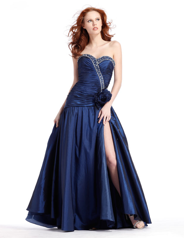 Navy Blue Strapless Sweetheart High Slit Floor Length A Line Prom Dresses With Hand Made Flower