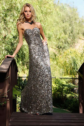 Shiny Silver Strapless Sweetheart Sheath Floor Length Sequined Prom Dresses