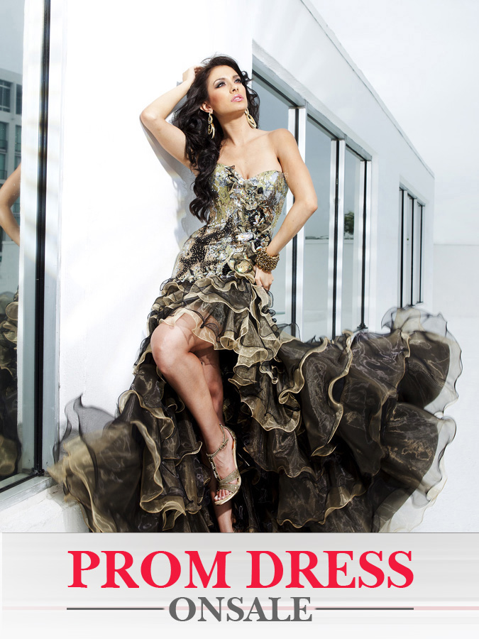 Artistic Printed Strapless Sweetheart Hi Low Tiered Ruffled Prom Dresses With Sequins 