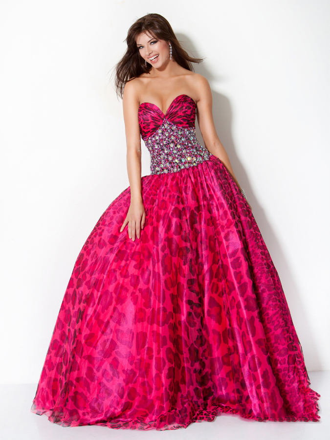 Magenta Large Leopard Print Strapless Sweetheart Floor Length A Line Prom Dresses With Crystals