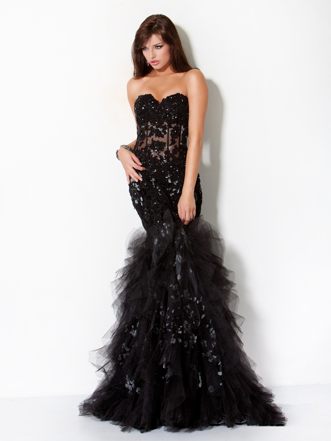 Prosperous Black Strapless Sweetheart Floor Length Mermaid Prom Dresses With Sequins And Appliques And Ruches